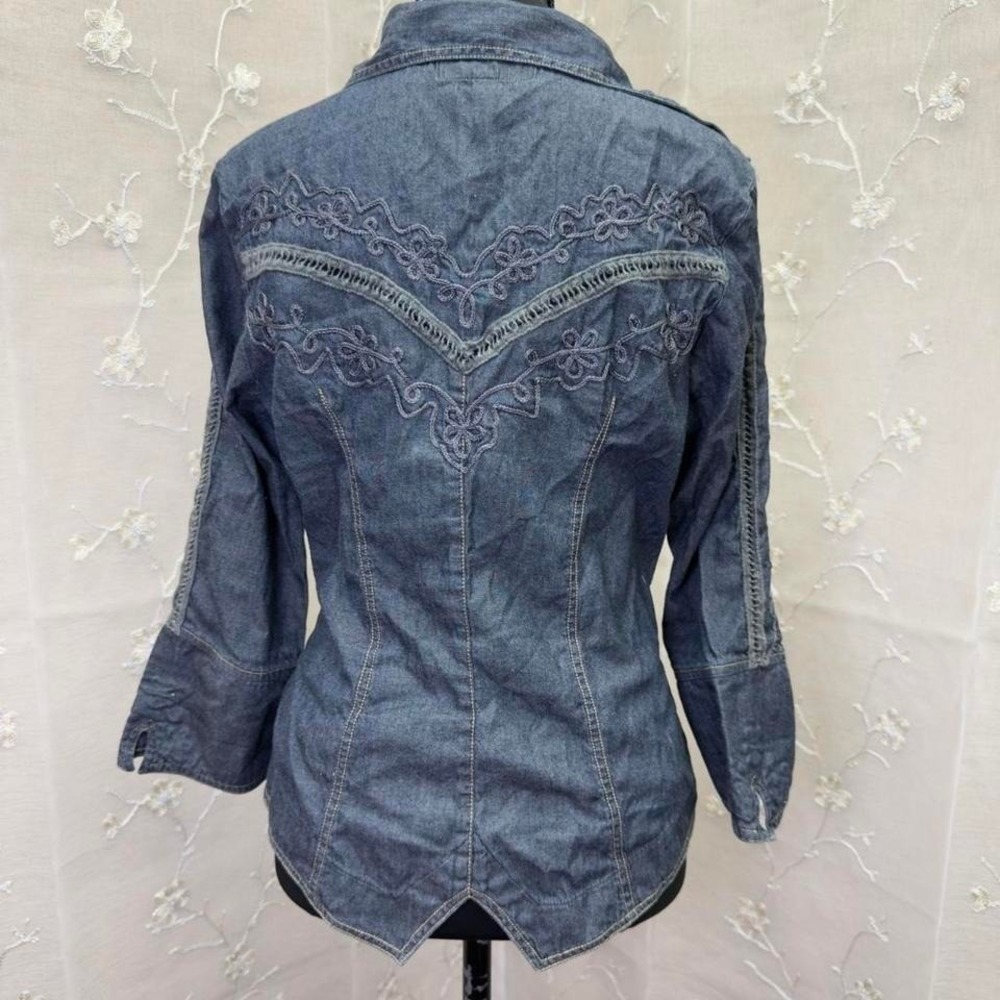Boho embroidered denim corset blouse bell sleeve artisan western-Gretty Zueger - Picture 4 of 8